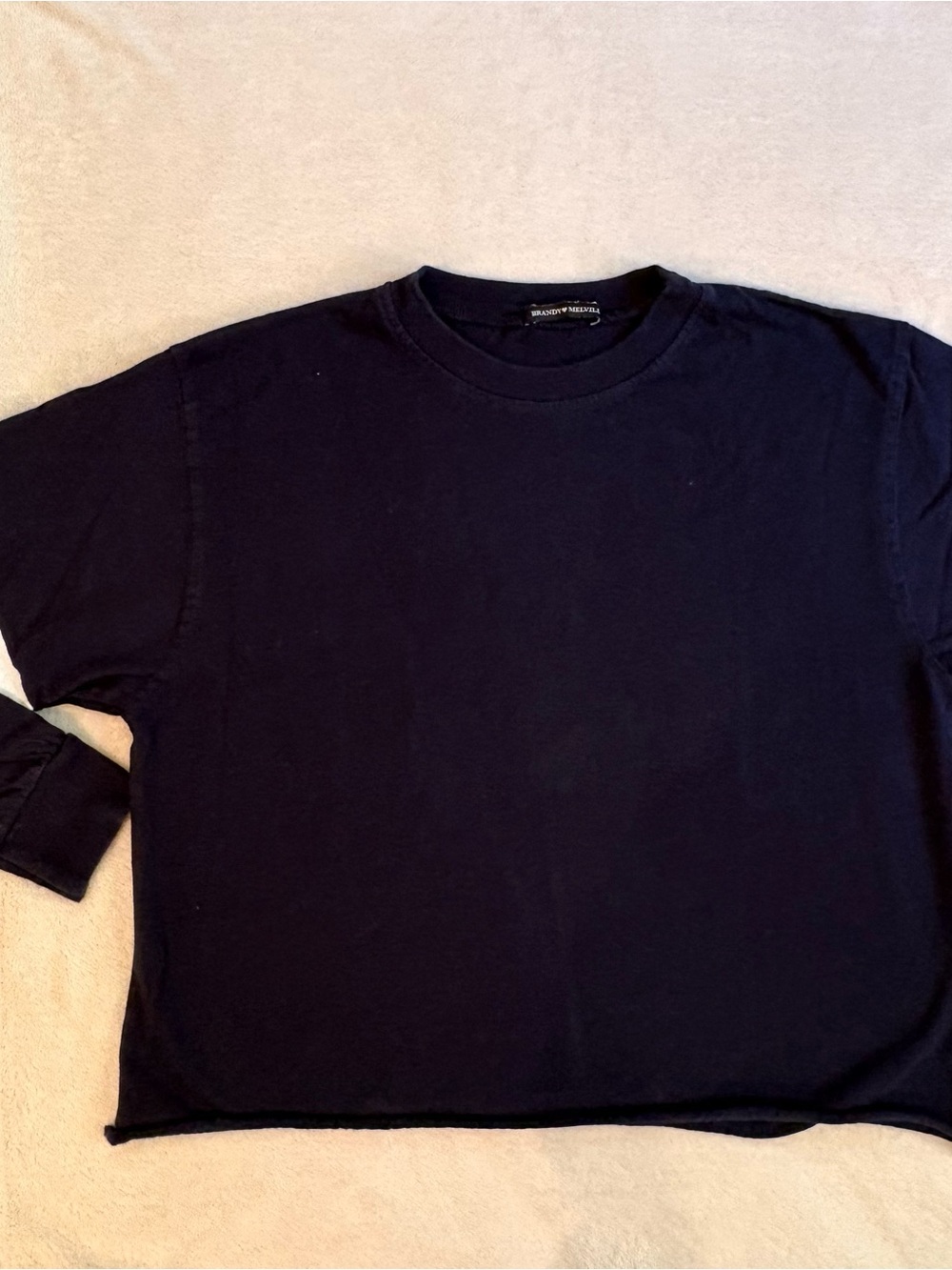 Brandy Melville John Gault Navy Long-Sleeve Cropped Crew Shirt Striped Sleeves
